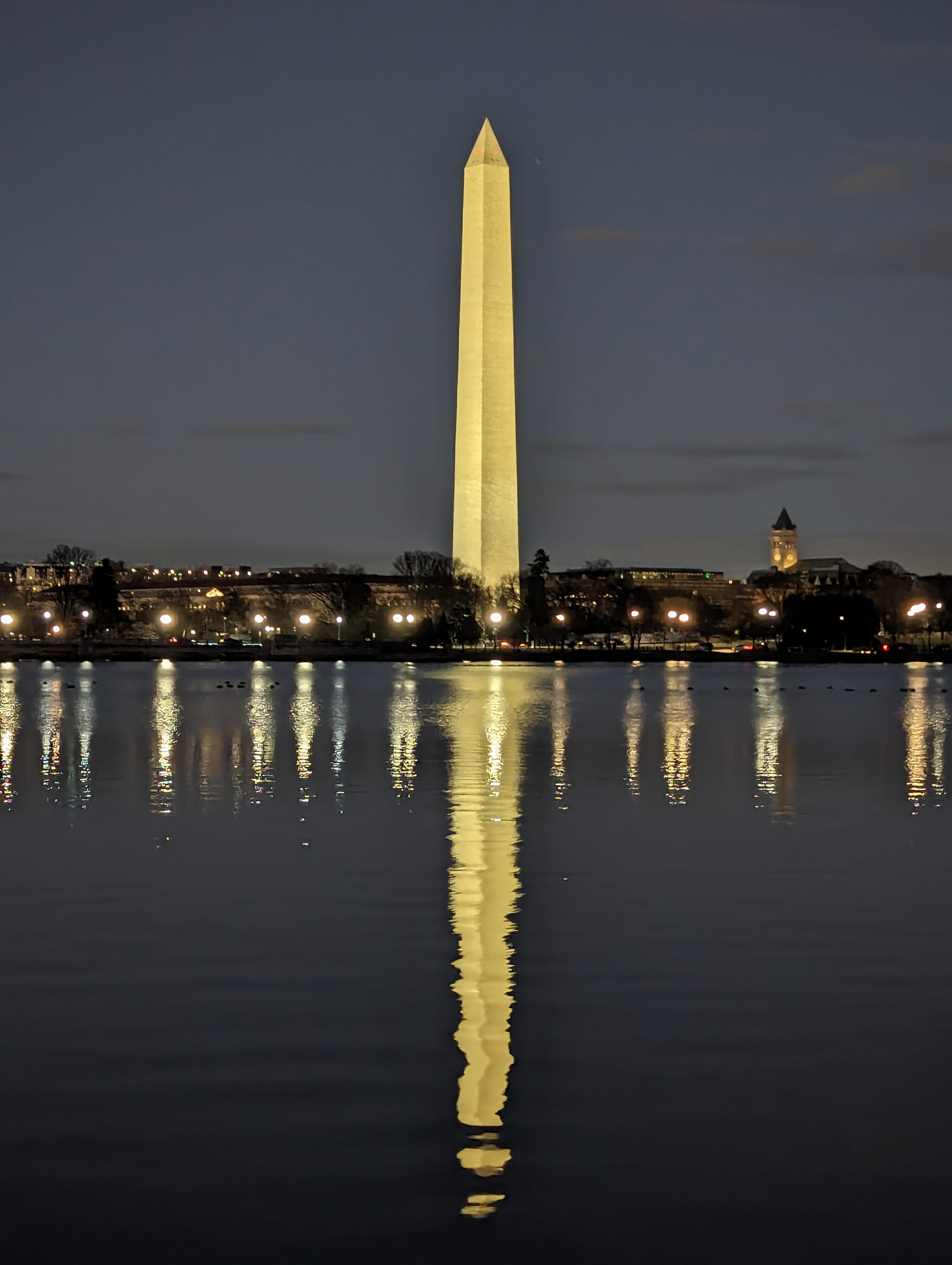 Washington Monument reflected in the Tidal Basin at night, Washington D.C.